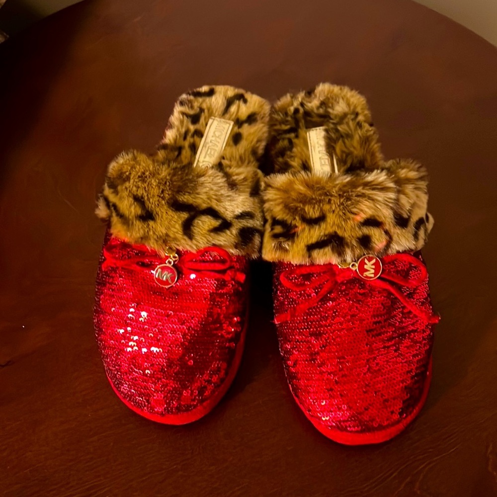 Michael Kors. Red Slippers with Sequins and Leopard Fur. Size 8. Like New.